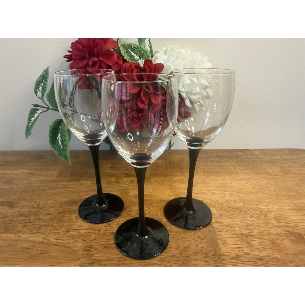 Vintage French Luminarc Black Stem Wine Glasses Set Holiday‎ Barware Bar Cart